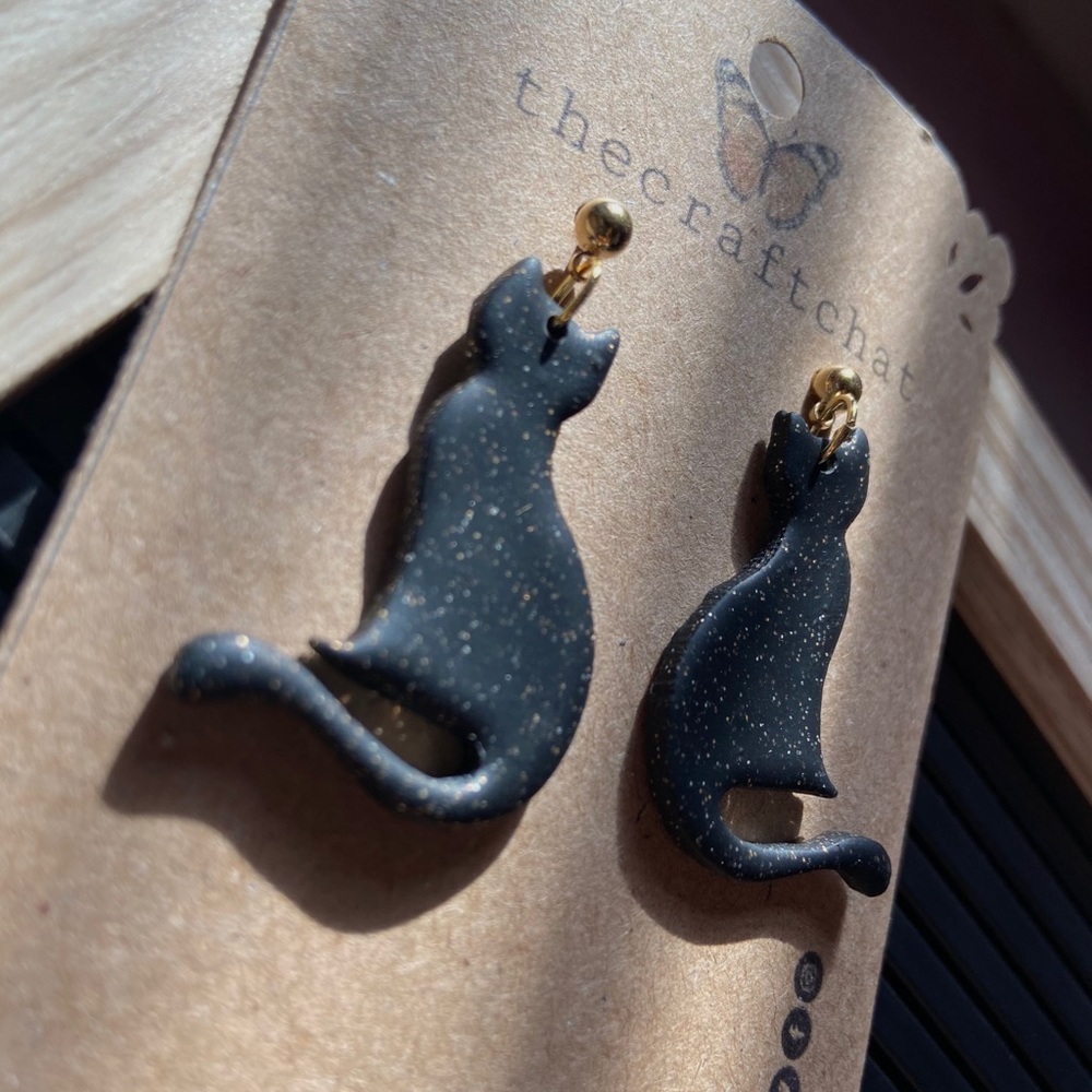Polymer clay Black sparkle cat earrings